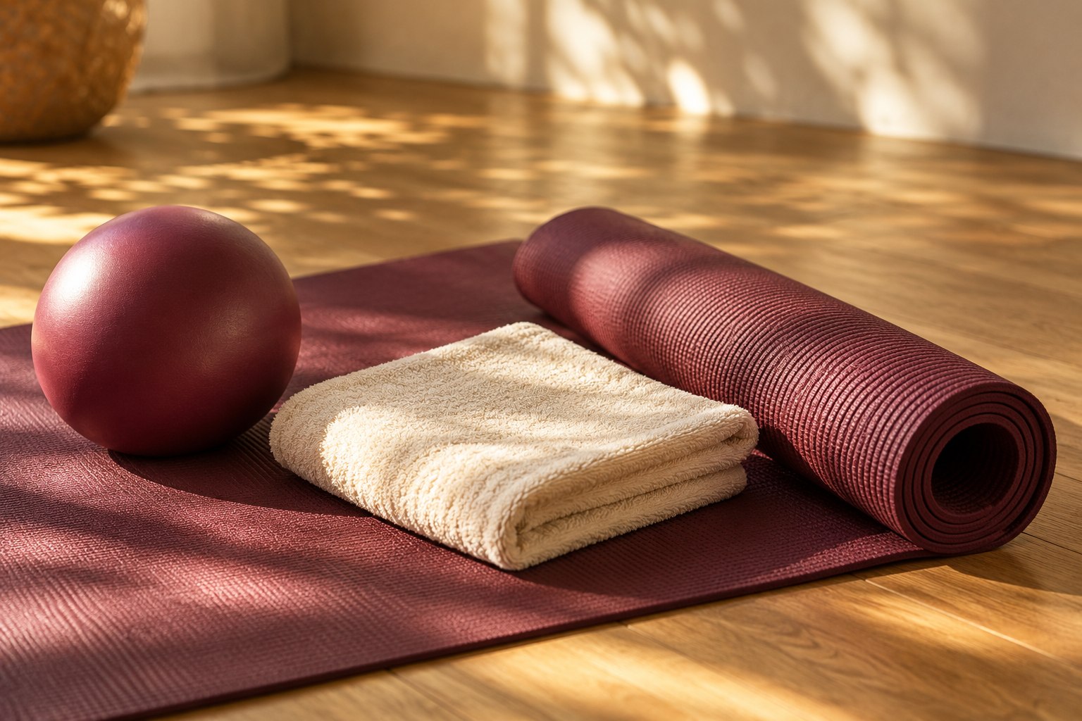 A burgundy Pilates mat, small ball and folded towel in natural light